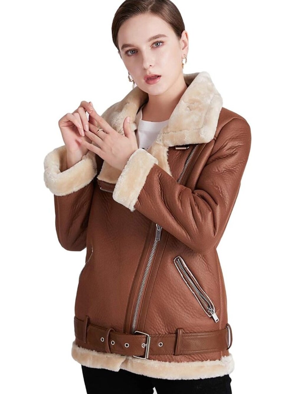 Women’s Brown Faux Shearling Moto Jacket, Thick Lined Winter Parka Coat